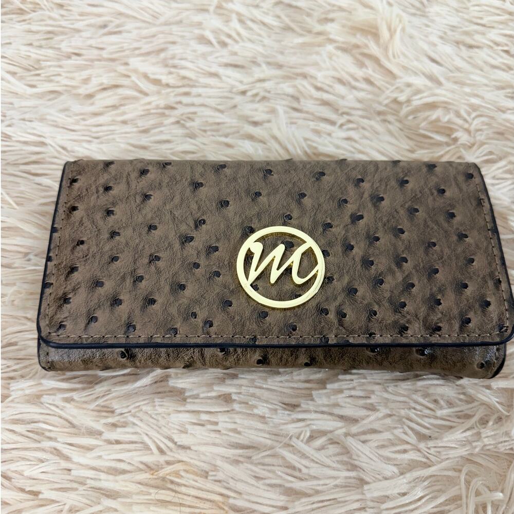 Emilie M City Chic Essentials Ostrich Embossed Wallet Crossbody Taupe Gold Logo
